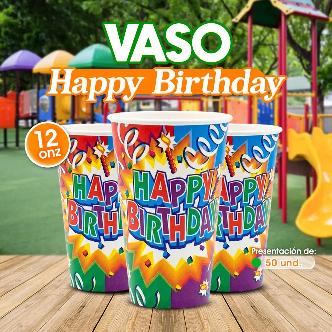 Vaso con estampado Happy Birthday para fiestas de cumpleaños