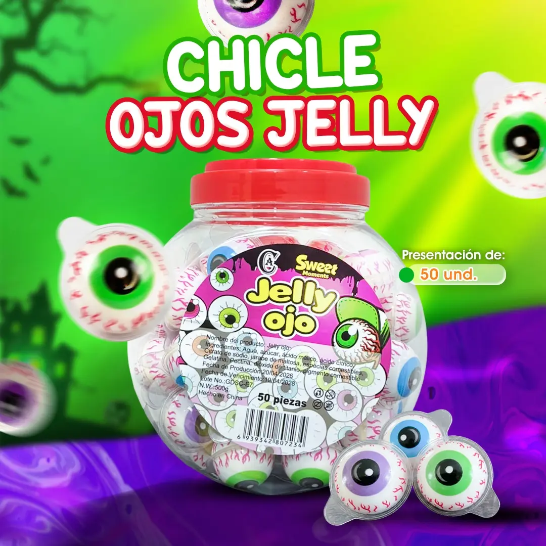 Chicle Ojos Jelly con centro líquido disponible en Cosquisa Honduras
