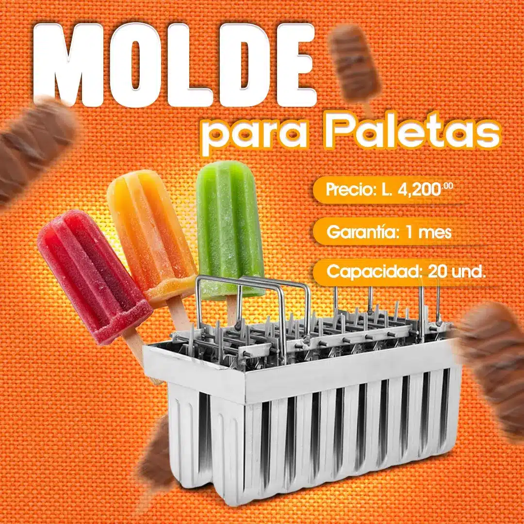 Molde metálico para 20 paletas de helado. Disponible en Cosquisa.